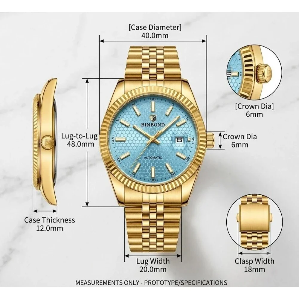 Mens Gold Stainless Steel Watch: Ice Blue Honeycomb Dial, Fluted Bezel, Quartz